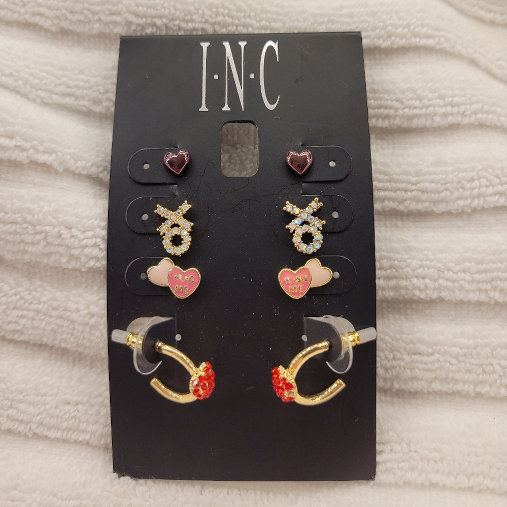 INC Two-Tone 4-Pc Set Pavé Heart-Motif Stud & Hoop Earring Set - NEW!